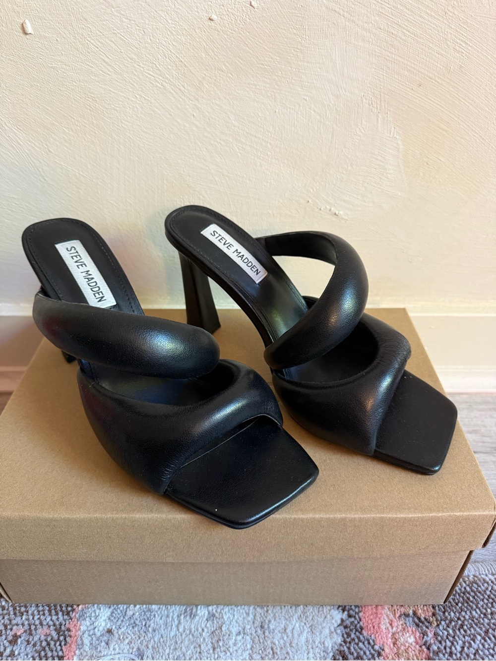 Steve Madden Kloss Black Padded Strap Square Toe High Heel Mules